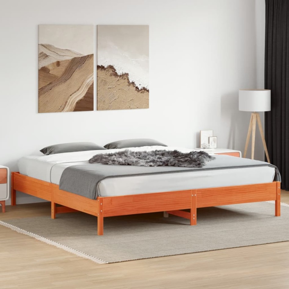 Cama sin colchón madera maciza de pino marrón cera 200x200