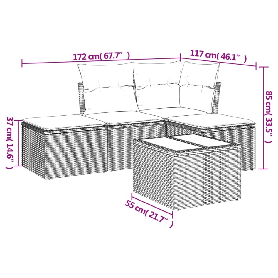 Set comedor de jardín 5 piezas y cojines ratán sintético