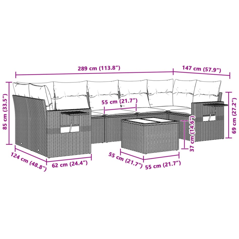 Set de sofás de jardín 8 pzas y cojines ratán sintético