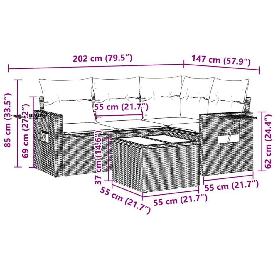 Set de sofás jardín y cojines 5 pzas ratán sintético gris