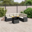 Set de comedor de jardín 7 pzas y cojines ratán sintético negro
