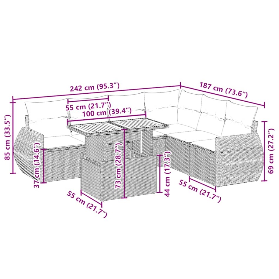 Set sofás de jardín 7 piezas y cojines ratán sintético