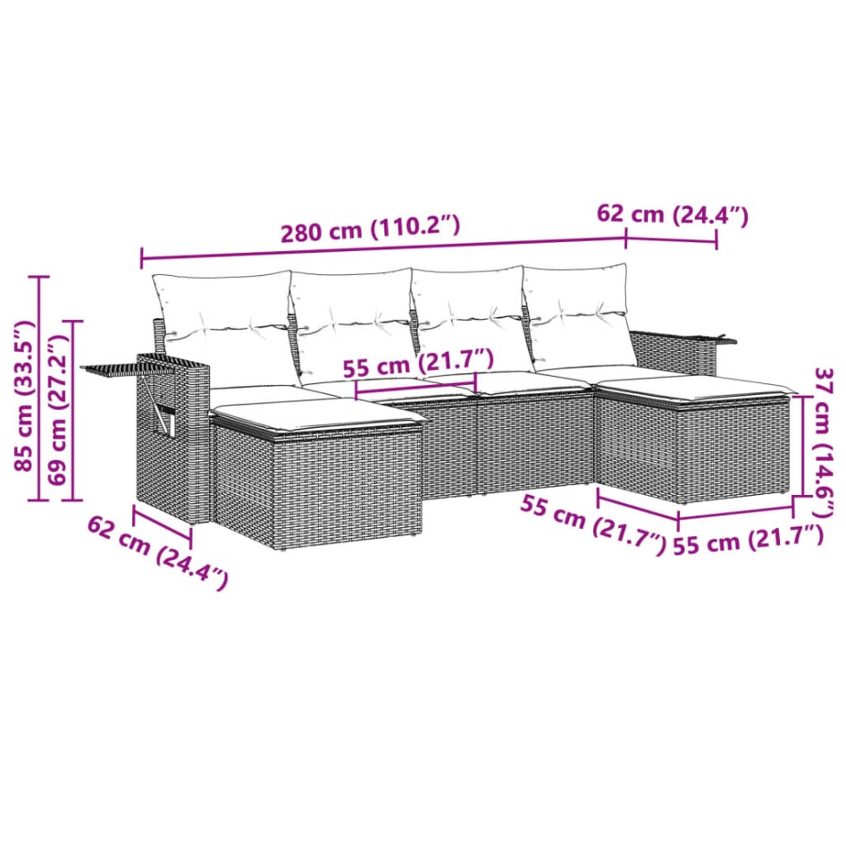 Set de sofás de jardín 6 pzas y cojines ratán sintético