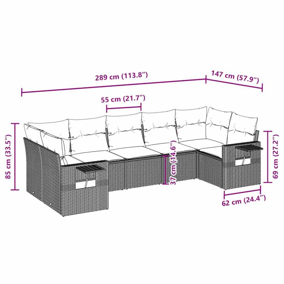 Set de sofás de jardín 7 pzas con cojines ratán PE gris