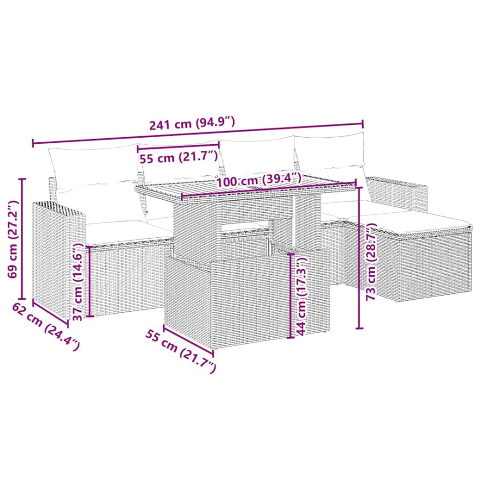 Juego de sofás jardín con cojines 6 pzas ratán sintético
