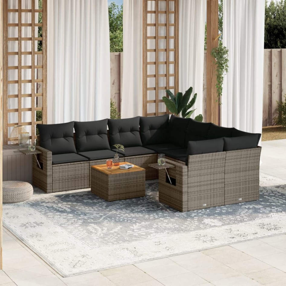 Set de muebles de jardín 9 pzas y cojines ratán sintético