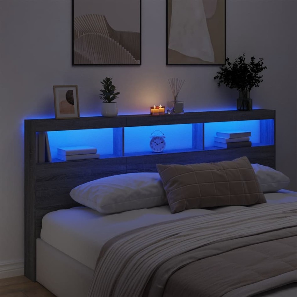 Cabecero de cama con luz LED gris Sonoma 200x17x102