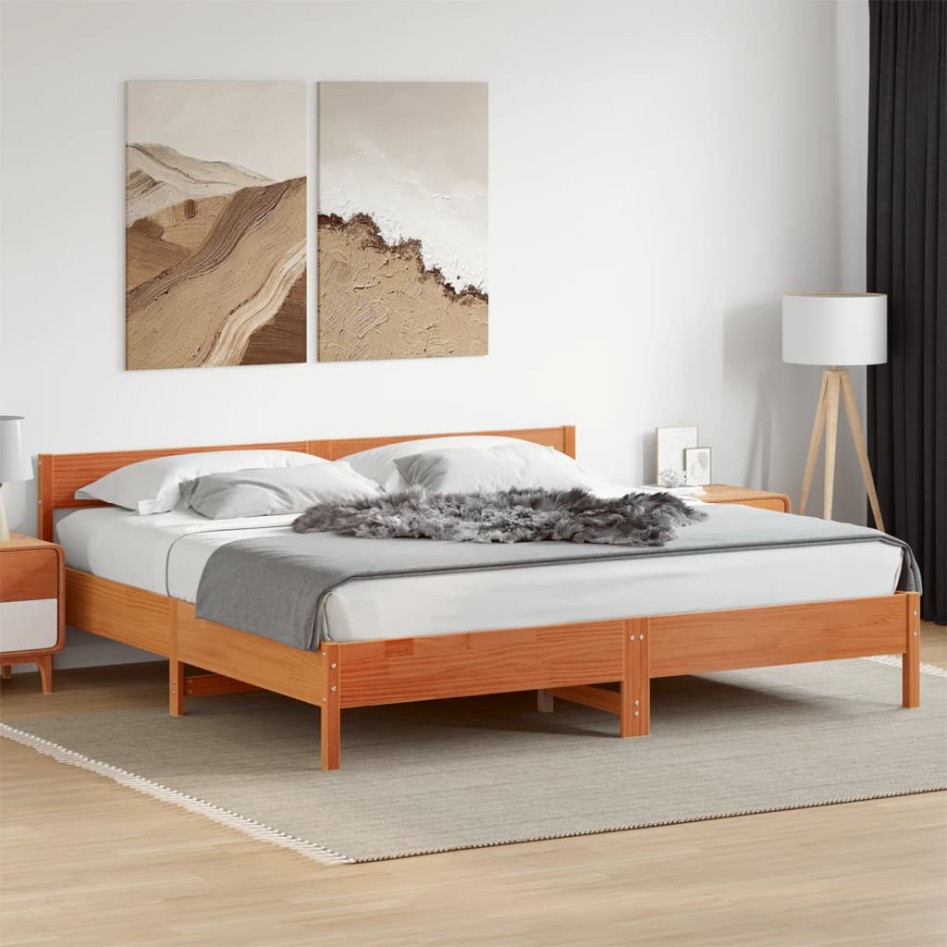 Cama sin colchón madera maciza de pino marrón cera 180x200