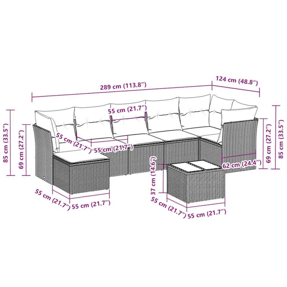 Set de sofás de jardín 8 pzas y cojines ratán sintético