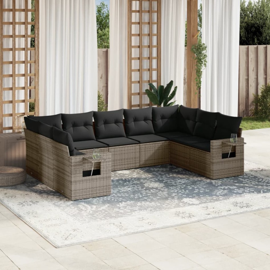 Set de muebles de jardín 9 pzas y cojines ratán sintético