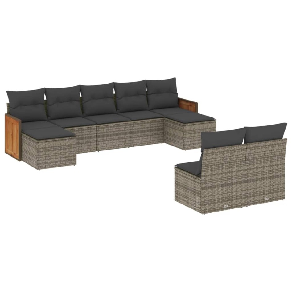 Set de muebles de jardín 9 pzas y cojines ratán sintético