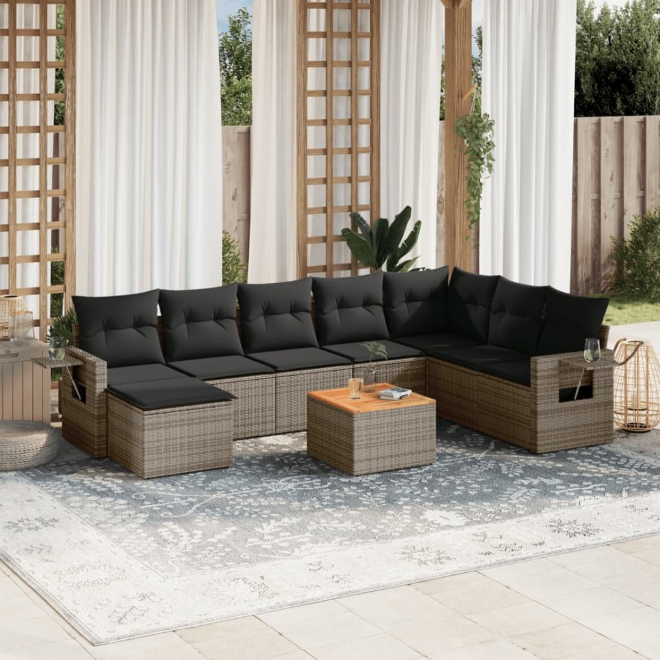 Set de muebles de jardín 9 pzas y cojines ratán sintético