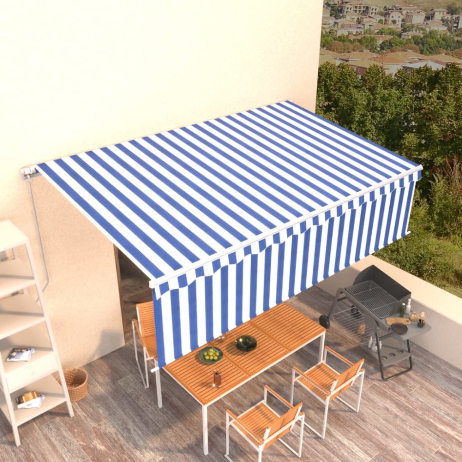 Toldo retráctil manual con persiana azul y blanco 5x3