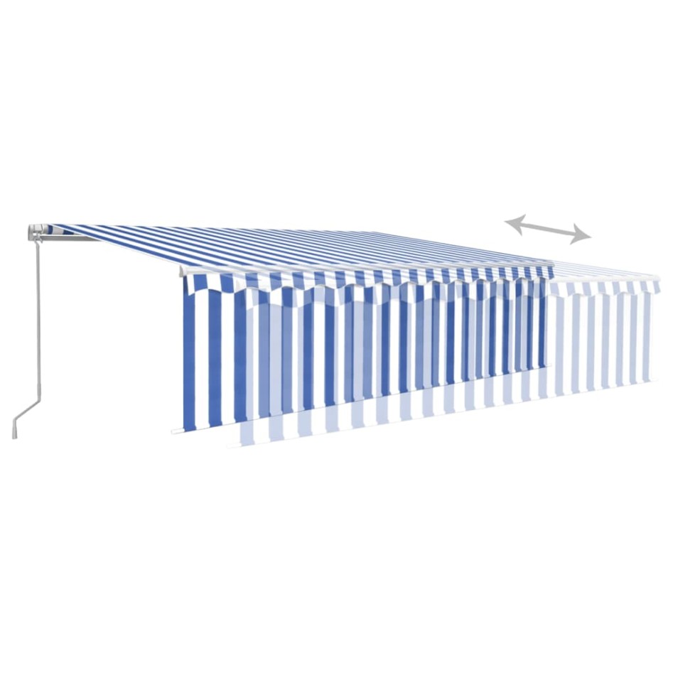 Toldo retráctil manual con persiana azul y blanco 5x3