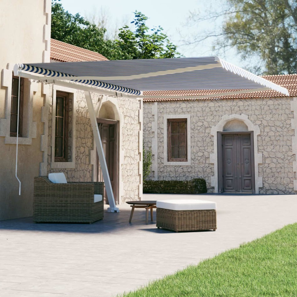 Toldo de pie manual azul y blanco 450x300