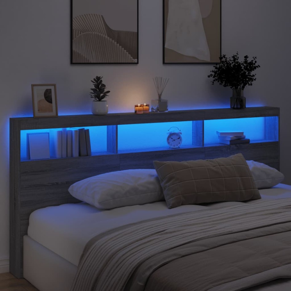 Cabecero de cama con luz LED gris Sonoma 220x17x102