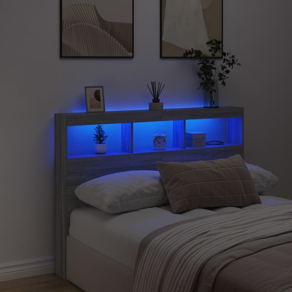 Cabecero de cama con luz LED gris Sonoma 140x17x102