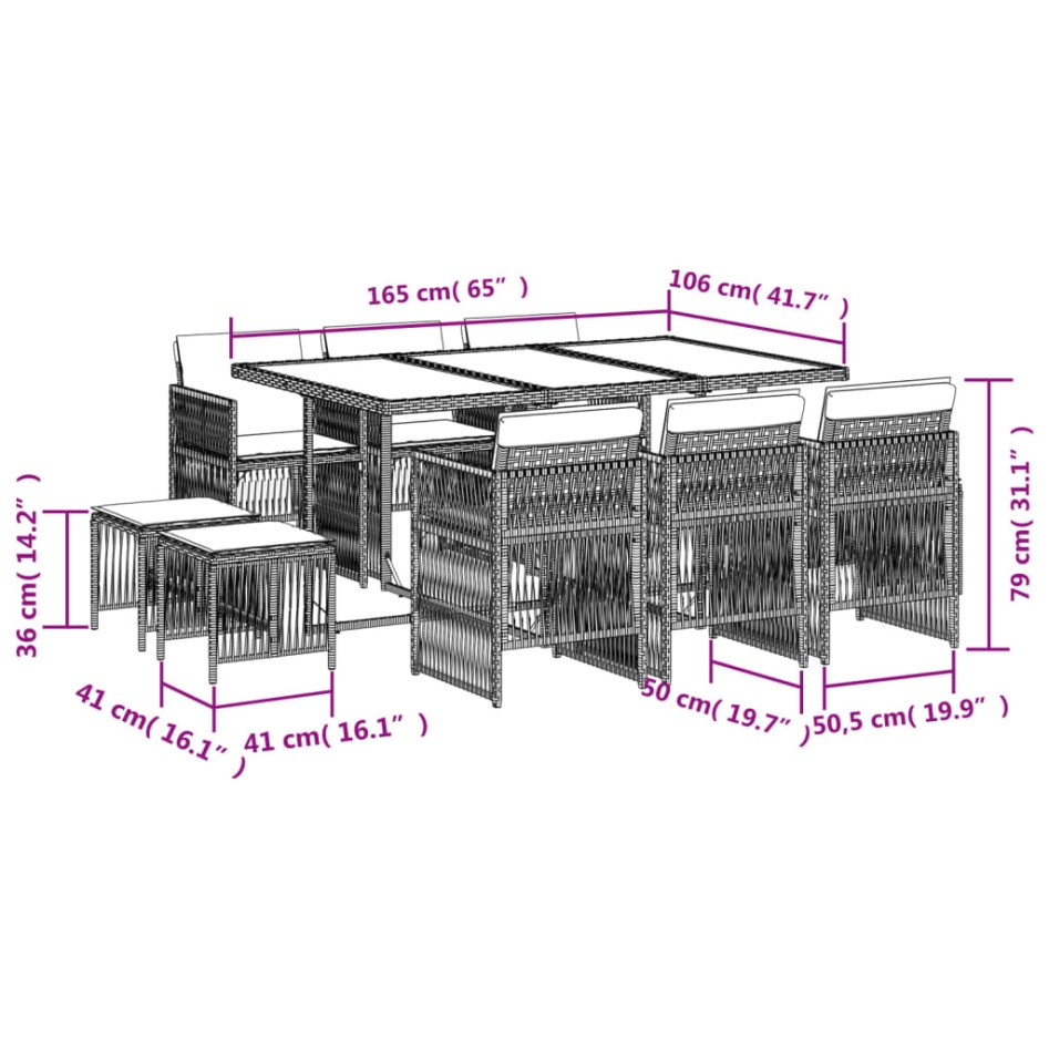 Set de comedor de jardín 11 pzas y cojines ratán sintético