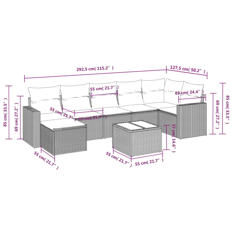 Juego de sofás de jardín con cojines beige 8 pzas ratán