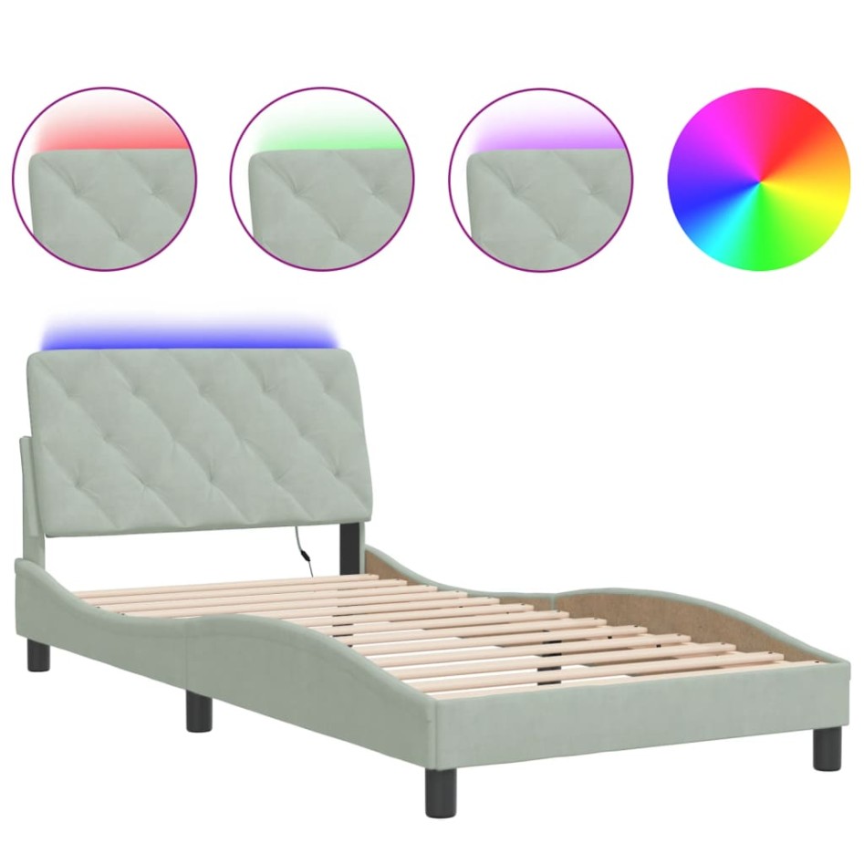 Estructura cama con luces LED terciopelo gris claro 100x200