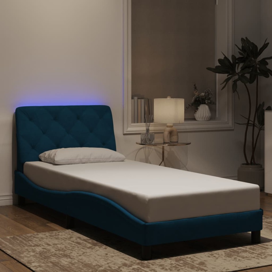 Estructura cama con luces LED terciopelo azul 90x200