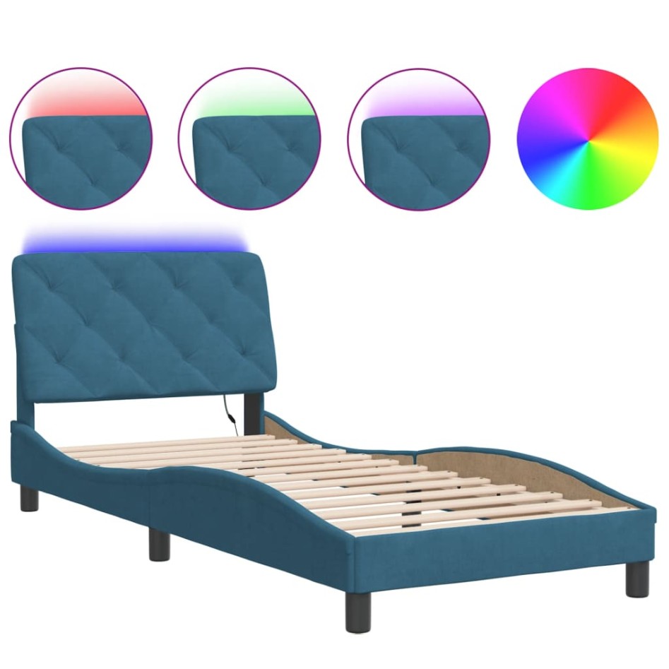 Estructura cama con luces LED terciopelo azul 90x200