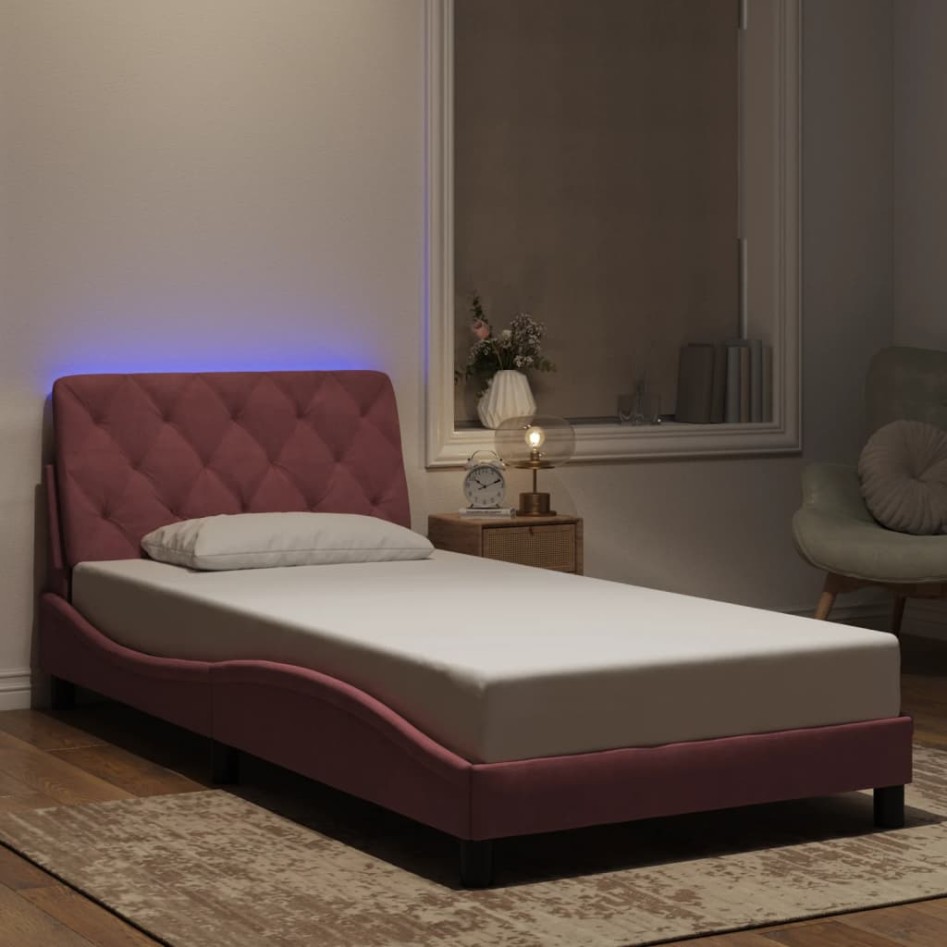Estructura de cama con luces LED terciopelo rosa 100x200