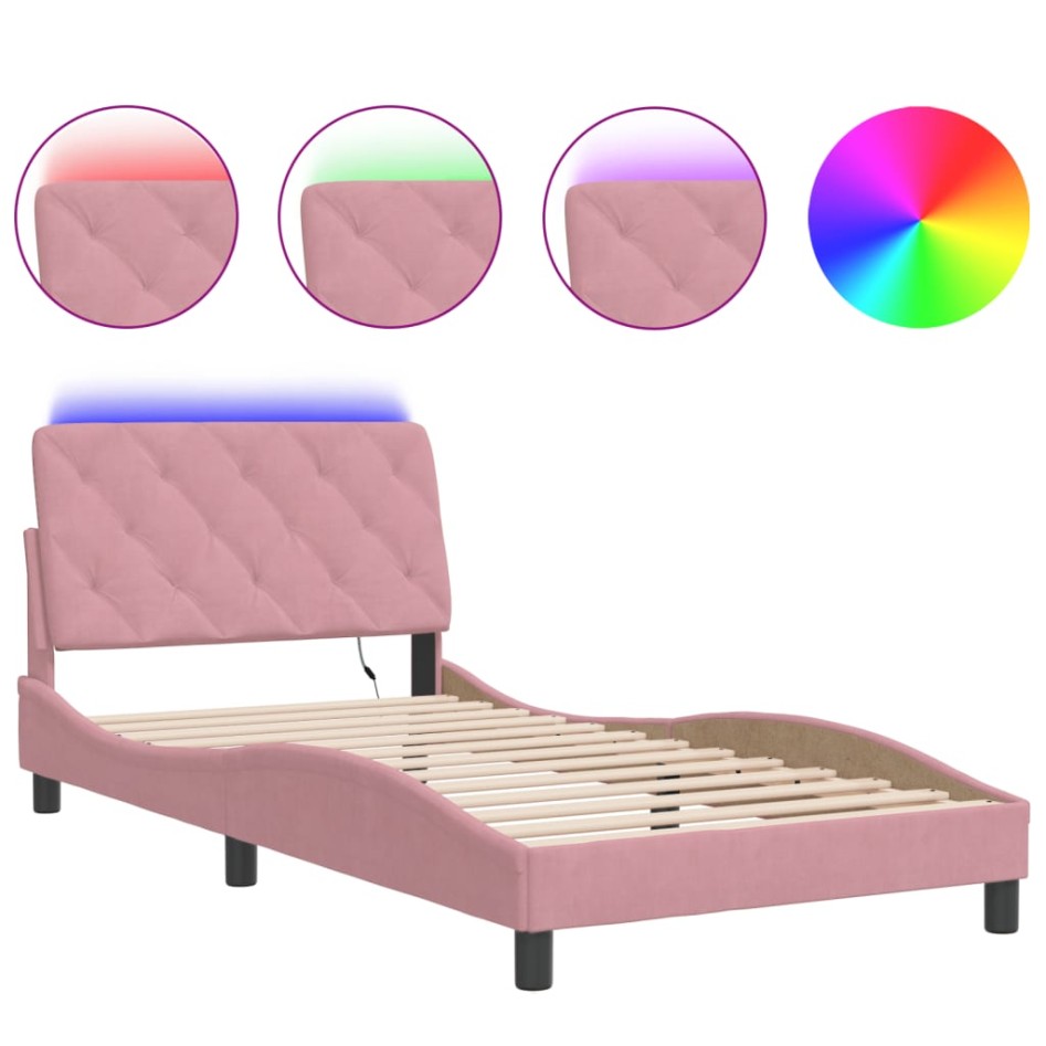Estructura de cama con luces LED terciopelo rosa 100x200