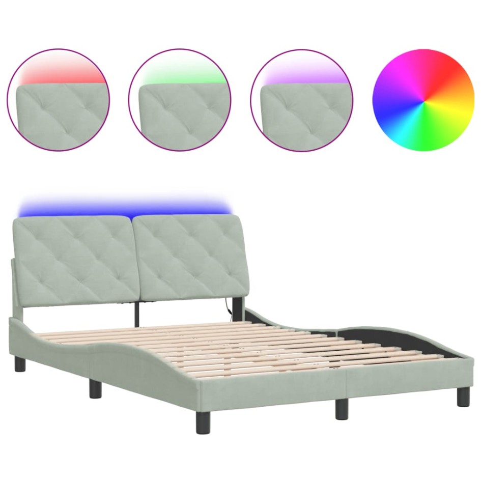 Estructura cama con luces LED terciopelo gris claro 140x190