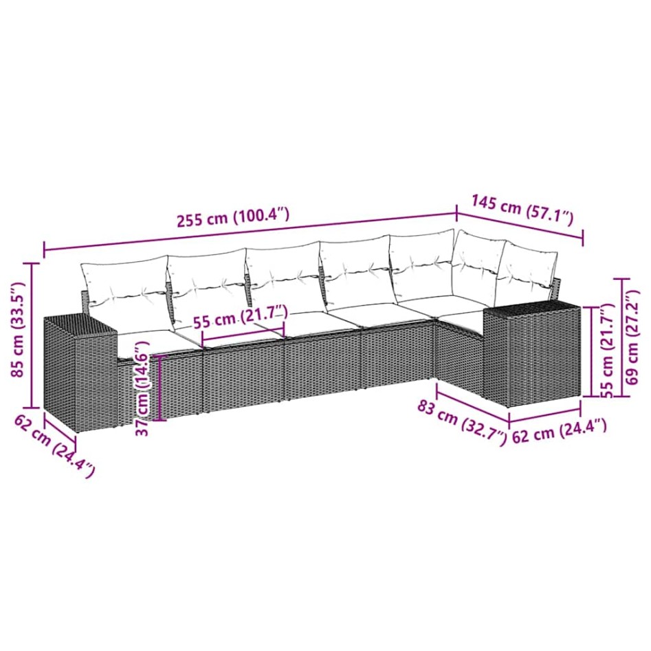 Set de sofás de jardín 6 pzas y cojines ratán sintético