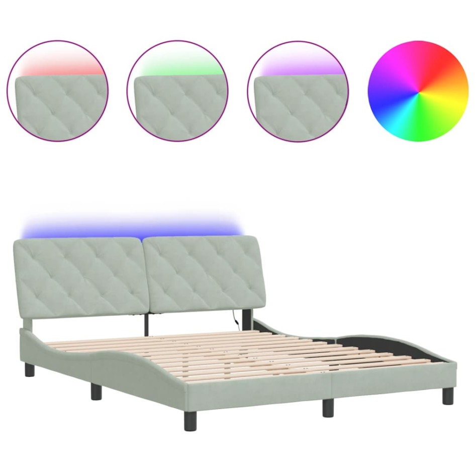 Estructura cama con luces LED terciopelo gris claro 160x200