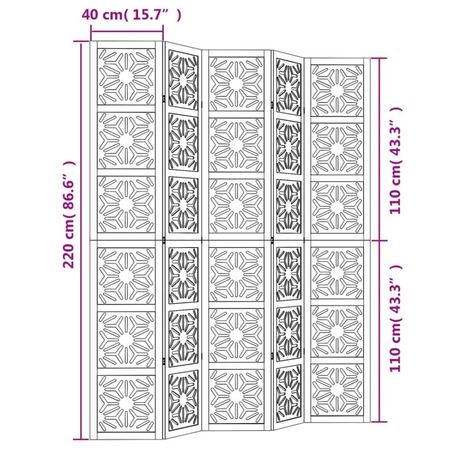Biombo separador 5 paneles madera maciza Paulownia marrón