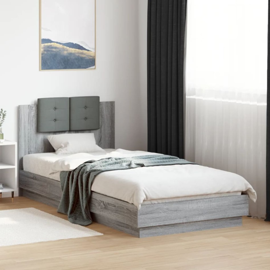 Cama con cabecero madera de ingeniería gris Sonoma 90x200