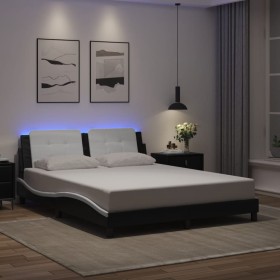 Estructura de cama con luz LED cuero PE negro blanco 160x200