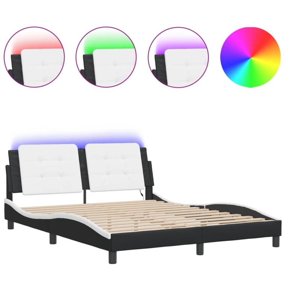 Estructura de cama con luz LED cuero PE negro blanco 160x200