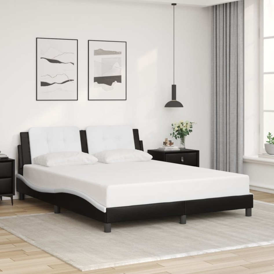 Estructura de cama con luz LED cuero PE negro blanco 160x200