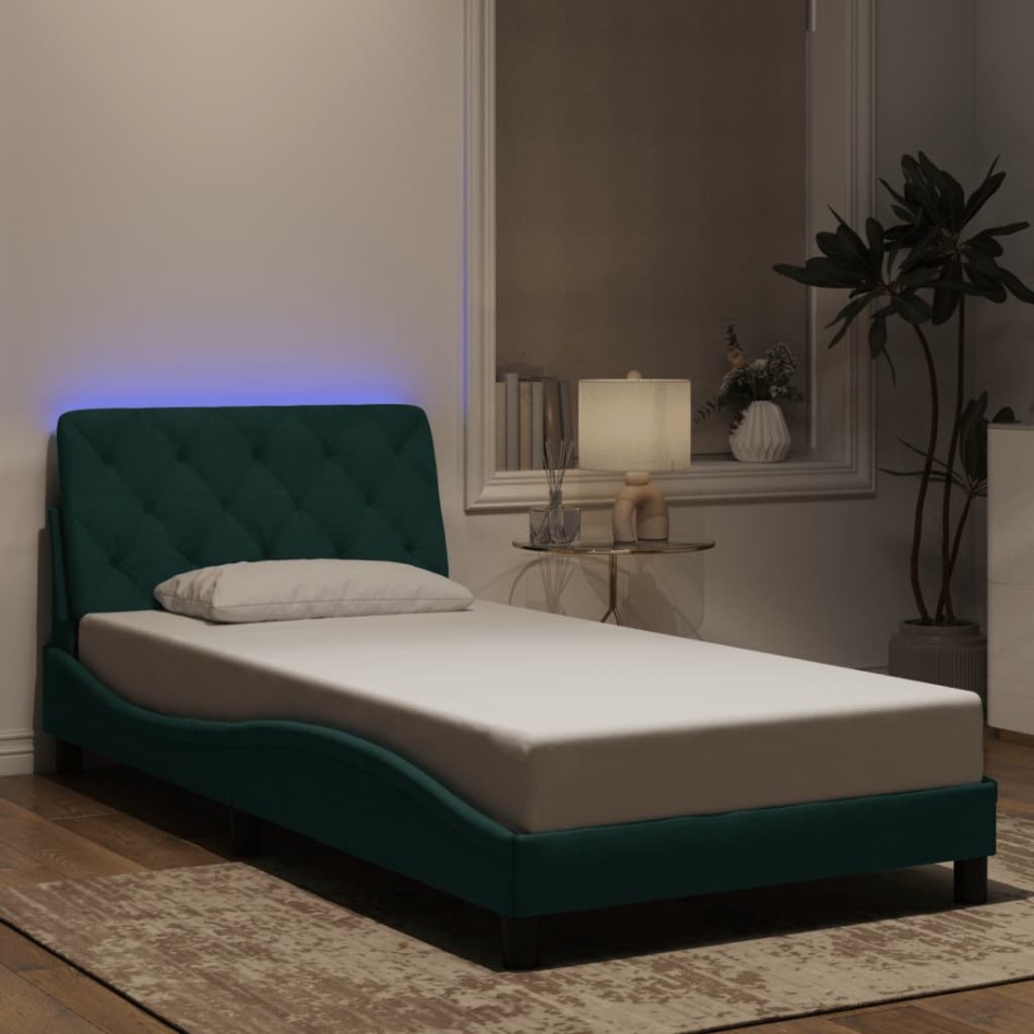 Estructura de cama luces LED terciopelo verde oscuro 100x200
