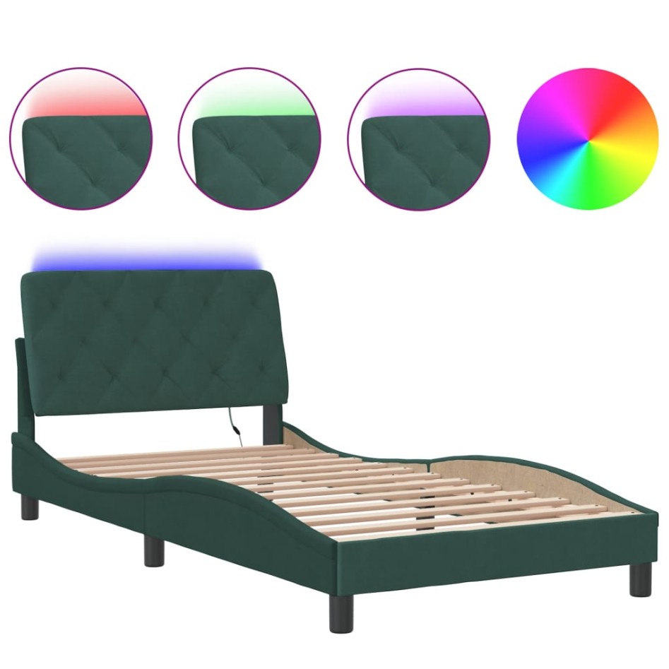 Estructura de cama luces LED terciopelo verde oscuro 100x200