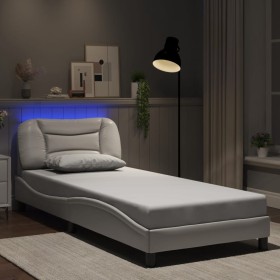 Estructura cama con luces LED cuero sintético blanco 90x200