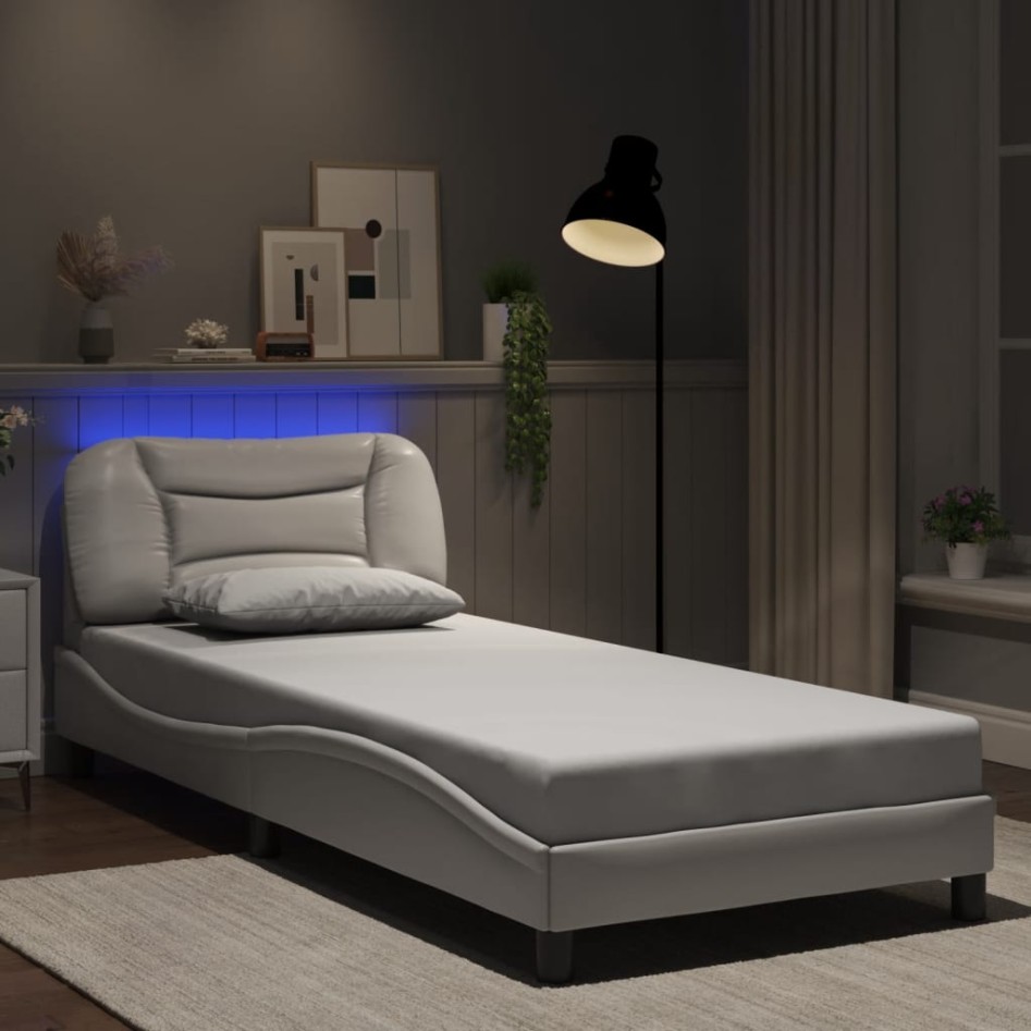 Estructura cama con luces LED cuero sintético blanco 90x200