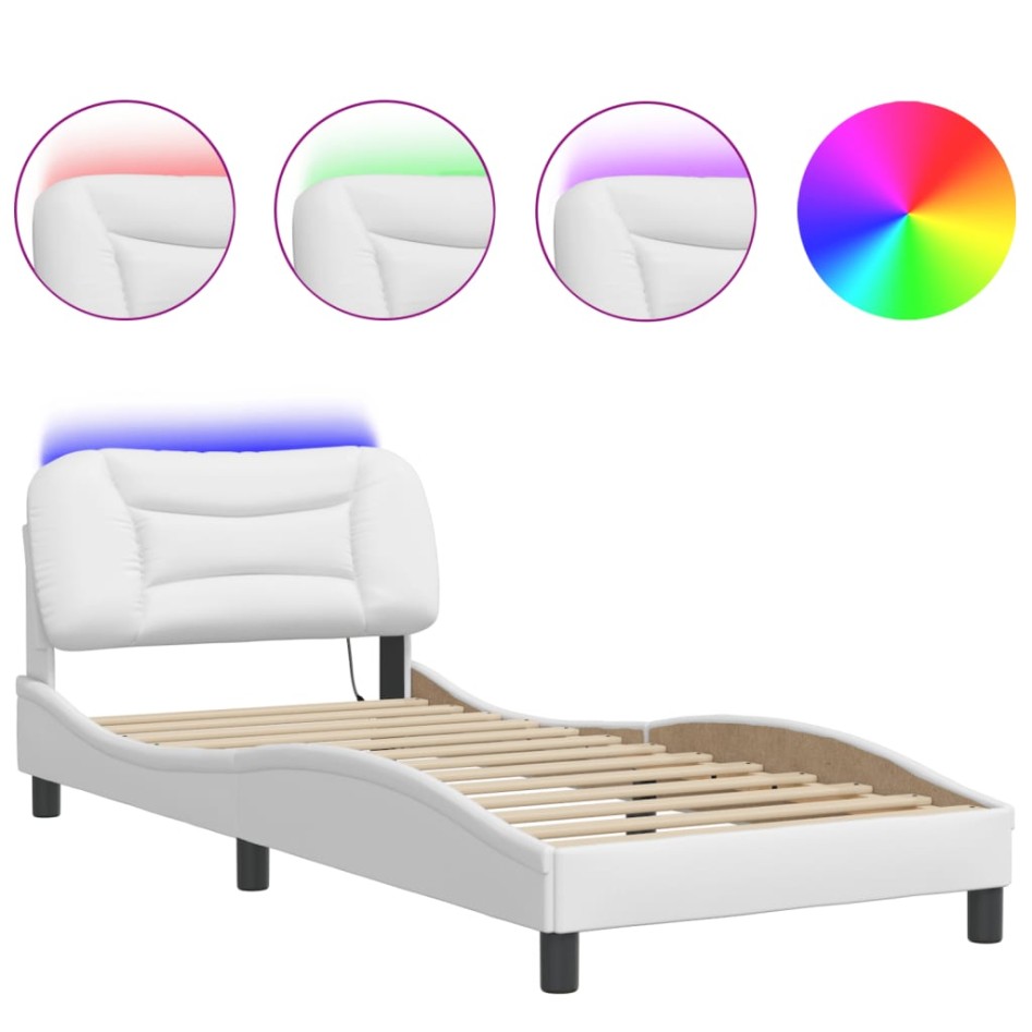 Estructura cama con luces LED cuero sintético blanco 90x200