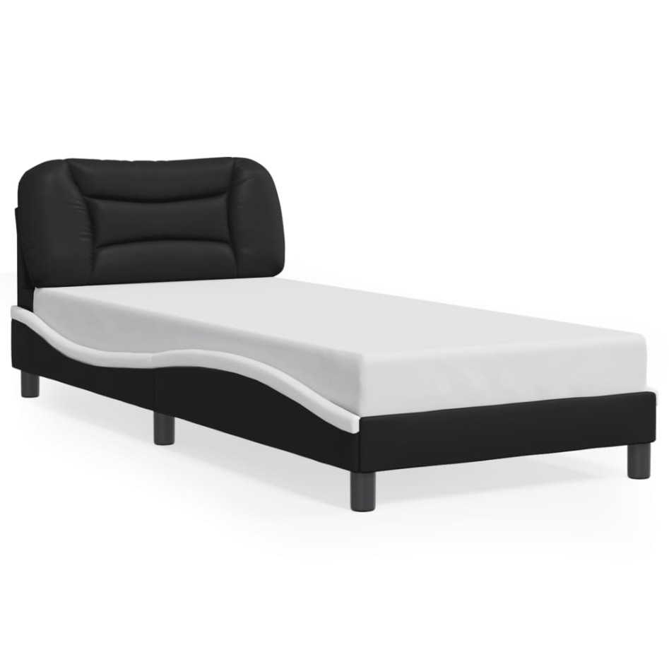 Estructura cama con LED cuero sintético negro blanco 90x200