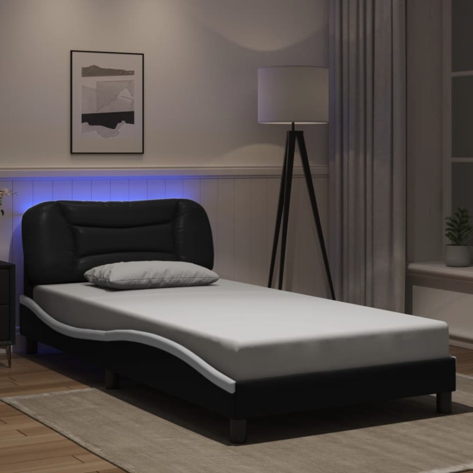 Estructura cama con LED cuero sintético negro blanco 100x200