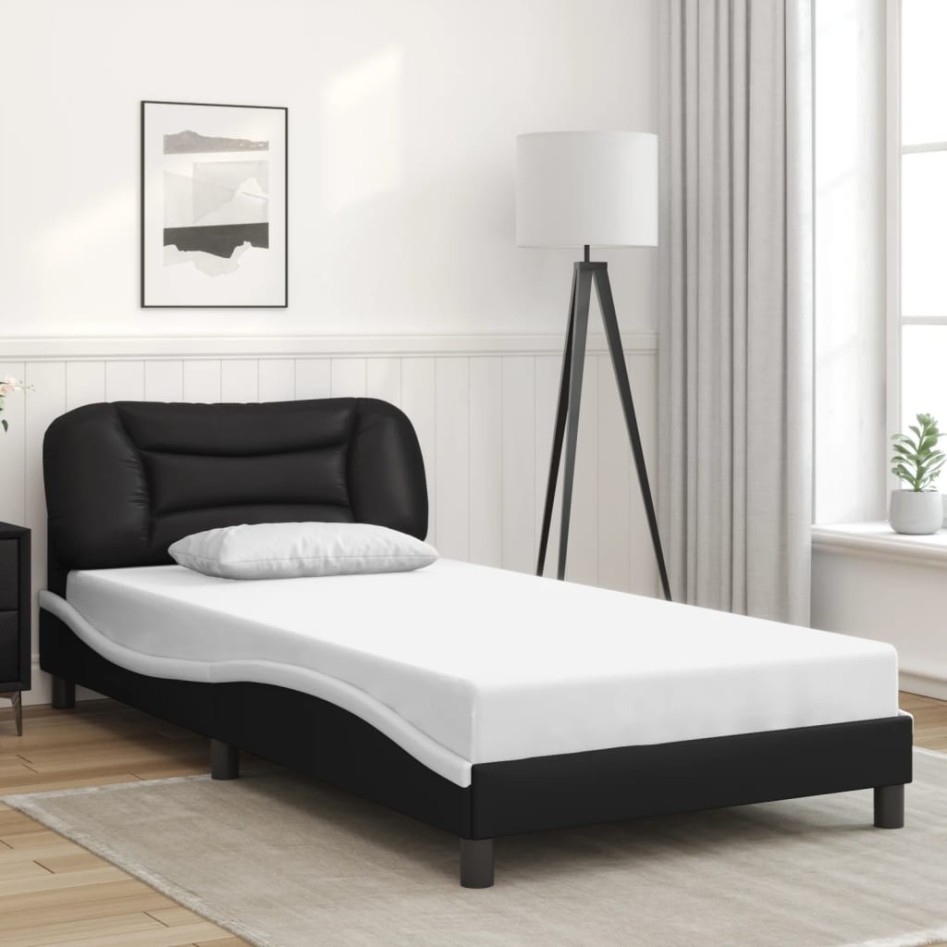 Estructura cama con LED cuero sintético negro blanco 100x200