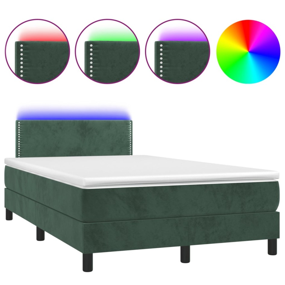 Cama box spring colchón y LED terciopelo verde oscuro