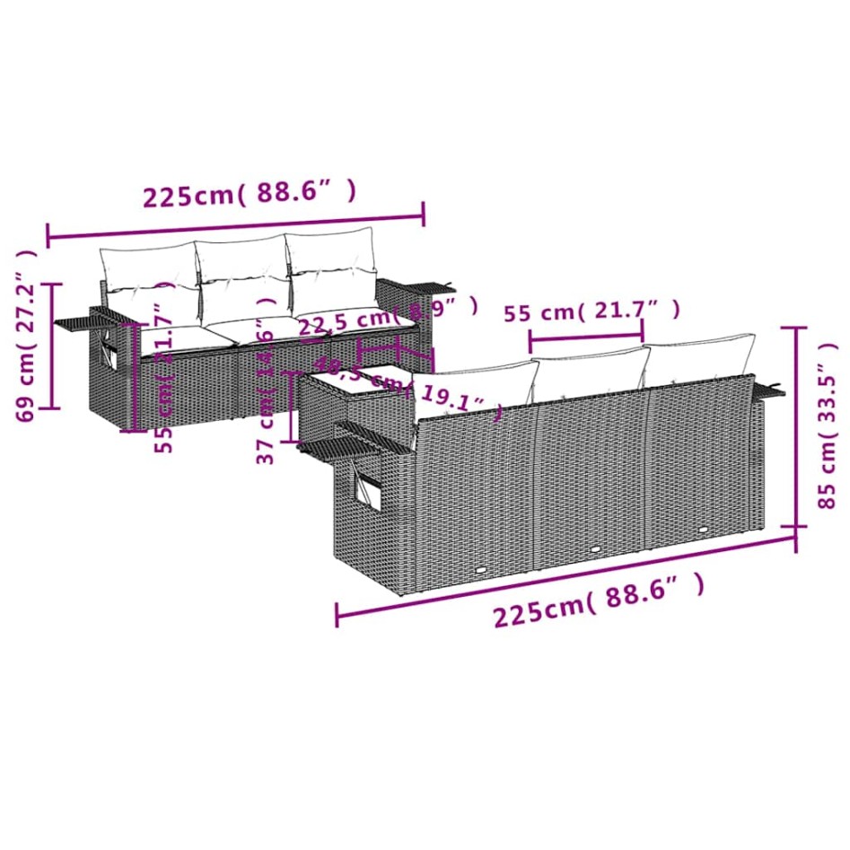 Set de sofás de jardín 7 pzas con cojines ratán PE gris