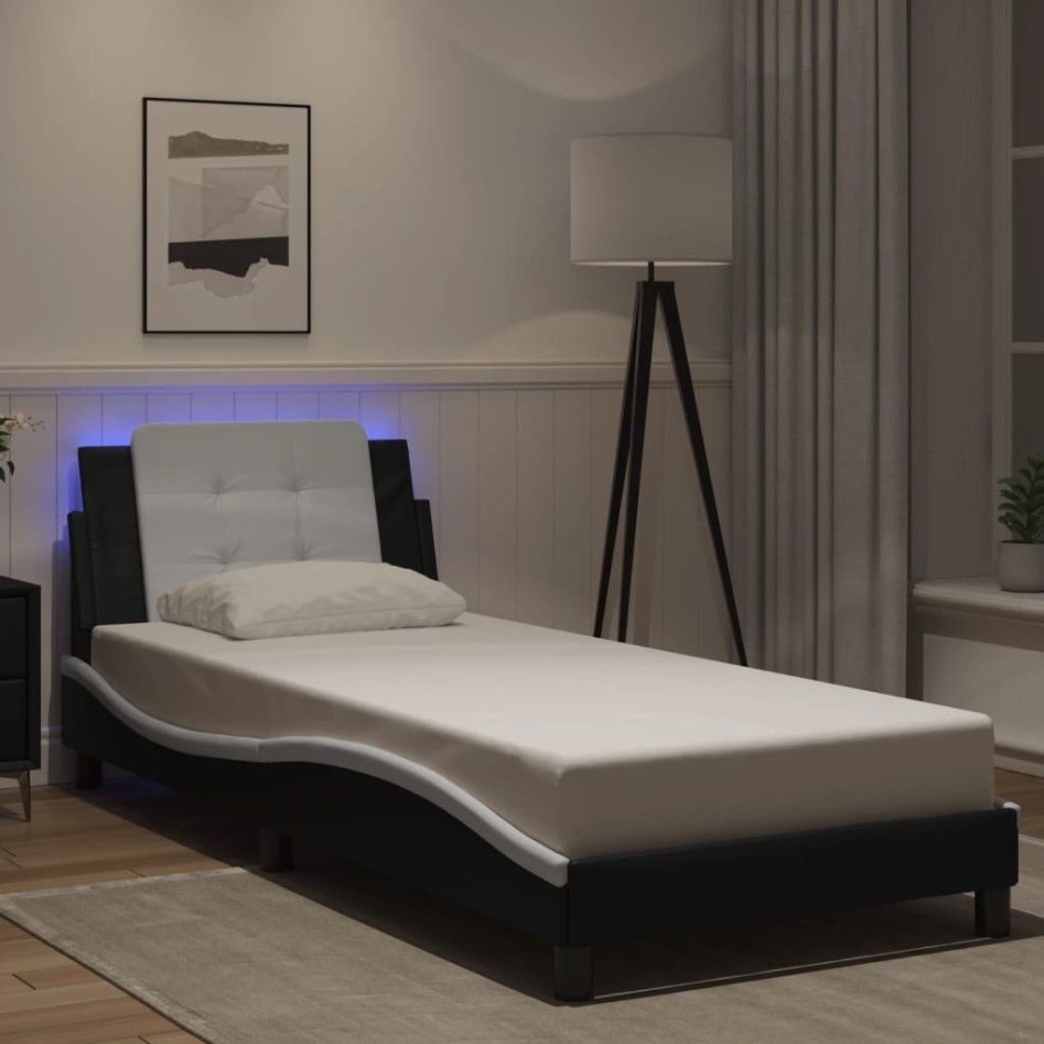 Estructura cama con LED cuero sintético negro blanco 80x200