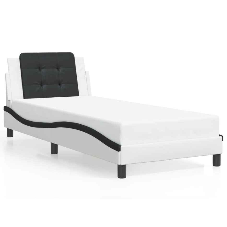 Estructura cama cabecero cuero sintético blanco negro 90x200