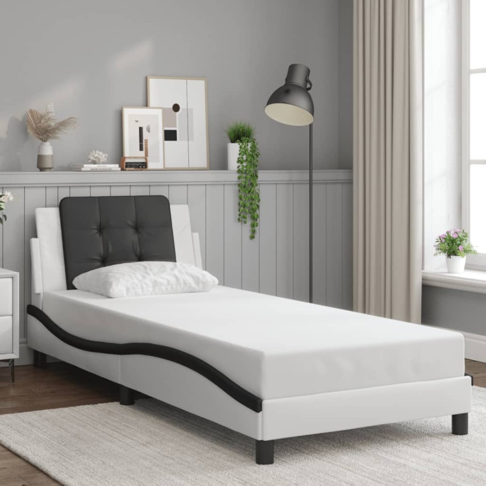 Estructura de cama con cabecero cuero sintético blanco y
