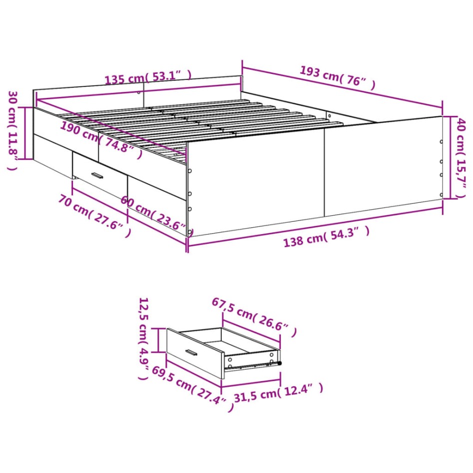 Cama con cajones madera de ingeniería negro 135x190